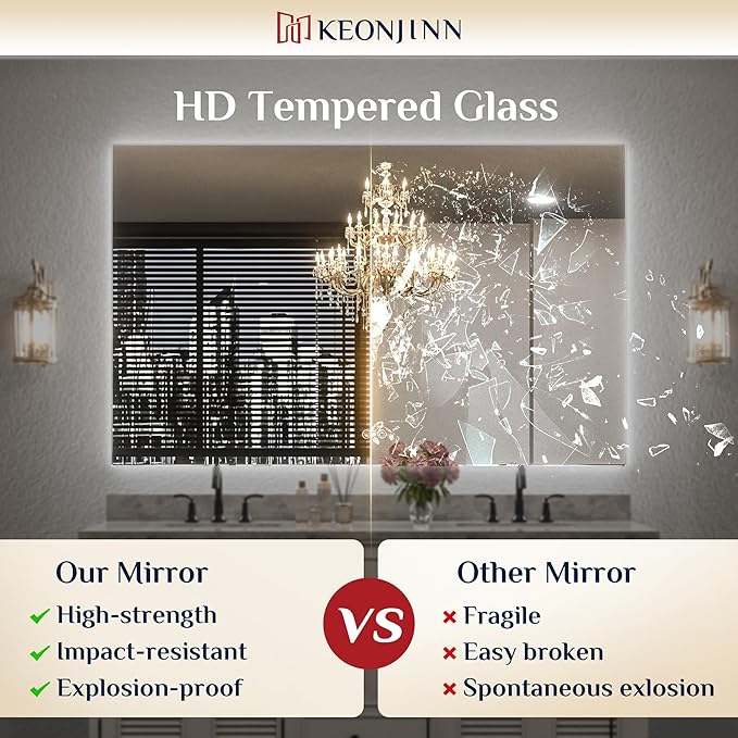 Keonjinn 40 x 32 Inch LED Bathroom Mirror with Backlit, Anti-Fog, CRI90+ HD Dimmable Vanity Mirror, High Lumen, Horizontal/Vertical Wall Mount, UL Listed Lighted Vanity Mirror, Waterproof