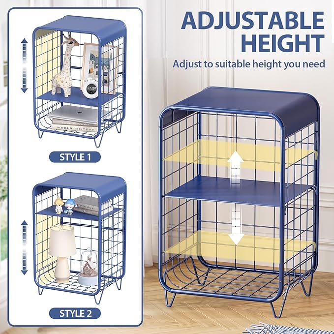 APEXCHASER Cute Nightstand,Metal Side Table,3-Tier Modern End Table with Storage Shelf, Unique Side Tables, Cute Coffee Table for Living Room, Small Table for Bedroom,Navy Blue