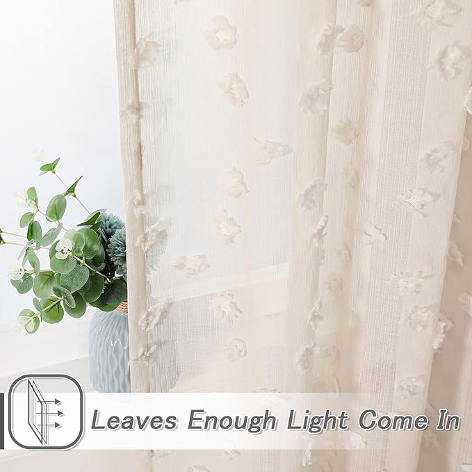 MYSKY HOME Beige Sheer Short Curtains with Pom Pom for Small Windows Bedroom Nursery Kids Girls Room Curtains Cafe Kitchen Light Filtering Boho Drapes, Rod Pocket,52 x 45 Inches, 2 Panels