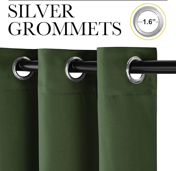 NICETOWN Room Darkening Dark Green Curtains for Windows, Grommet Thermal Drapes Window Treatments Sound Reducing for Bedroom/Living Room, W52 x L84, 2 Panels