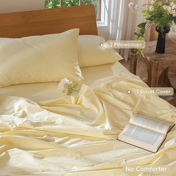 MooMee Bedding Duvet Cover Set 100% Washed Cotton Linen Like Textured Breathable Durable Soft Comfy (Heathered Butter Yellow, Queen 90"x90")