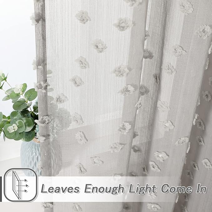 MYSKY HOME Grey Sheer Short Curtains with Pom Pom for Small Windows Bedroom Nursery Kids Girls Room Curtains Cafe Kitchen Light Filtering Boho Drapes, Rod Pocket,52 x 54 Inches, 2 Panels