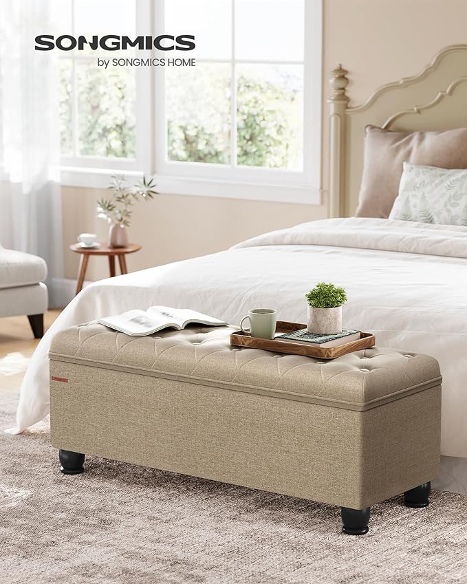 SONGMICS Storage Ottoman, Storage Bench, Tufted Entryway Bedroom Bench, 17.7 x 46.5 x 17.7 Inches, Hinges Easy Lid Operation, Wooden Legs, Linen-Look Cover, Loads 330 lb, Camel Brown ULOM070K01