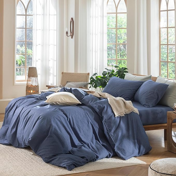 MooMee Bedding Duvet Cover Set 100% Washed Cotton Linen Like Textured Breathable Durable Soft Comfy (Heathered Blue, Super Queen 90"x98")