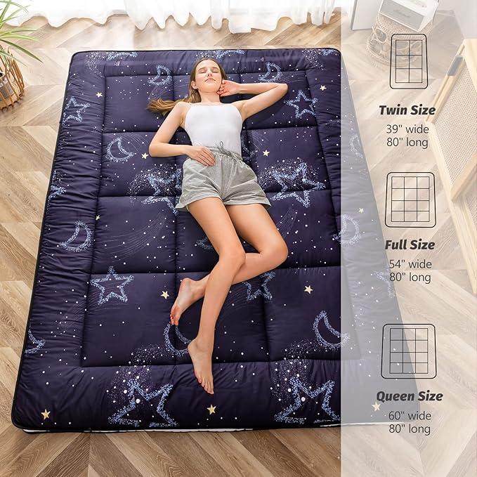 MAXYOYO Black Moon and Star Futon Mattress, Japanese Floor Mattress Quilted Bed Mattress Topper, Extra Thick Folding Sleeping Pad Breathable Floor Lounger Guest Bed for Camping, King