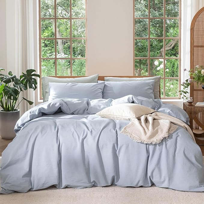 MooMee Bedding Duvet Cover Set 100% Washed Cotton Linen Like Textured Breathable Durable Soft Comfy (Heathered Cornflower Blue, Full 80"x90")