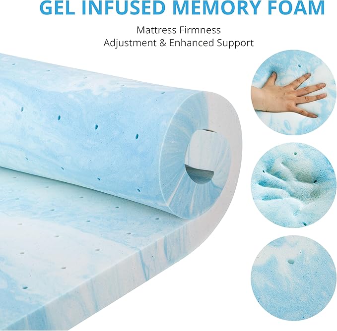 EGO Gel Memory Foam Mattress Topper, 2 Inch Queen with Removable Breathable Soft Cover, Cooling Bed Topper for Comfort Body Support & Pressure Relief, CertiPUR-US Certified