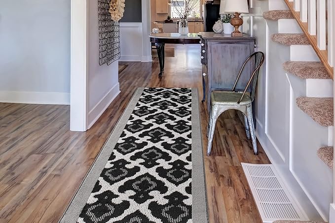 Custom Length Cut to Size Fleur de Lis Inspired Carpet Runner Rug for Hallways, Non Slip Rubber Backed, 31 inch Wide X Customized Length, Royal Grey, 31 inch X 19 feet