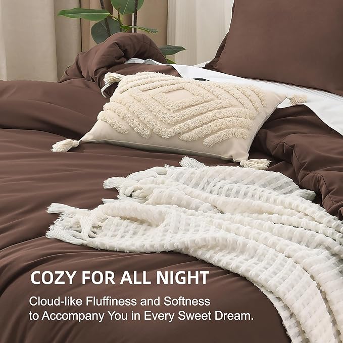 Litanika Comforters Brown Oversized Queen Size, 3 Pieces Lightweight Solid Bedding Set & Collections, All Season Fluffy Bed Set (98x98In Comforter & 2 Pillowcases)