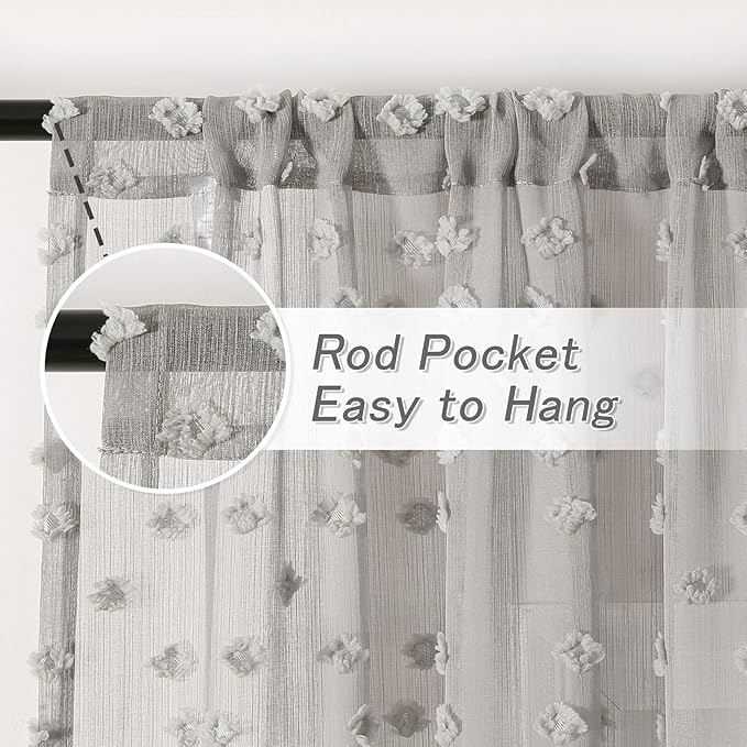 MYSKY HOME Pom Pom Grey Sheer Curtains for Bedroom Girls Room Curtains 63 inch Length for Nursery Kids Light Filtering Boho Window Drapes, Rod Pocket, 38" Wide, 2 Panels