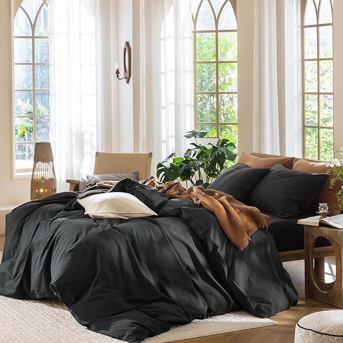 MooMee Bedding Duvet Cover Set 100% Washed Cotton Linen Like Textured Breathable Durable Soft Comfy (Solid Black, Oversized King Plus 128"x120")