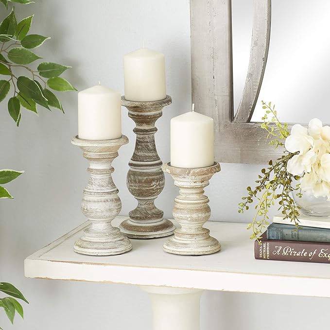 Deco 79 Mango Wood Decorative Candle Holder Turned Style Pillar Candle Stand, Set of 3 Candlestick Holder 6", 8", 10"H, Cream