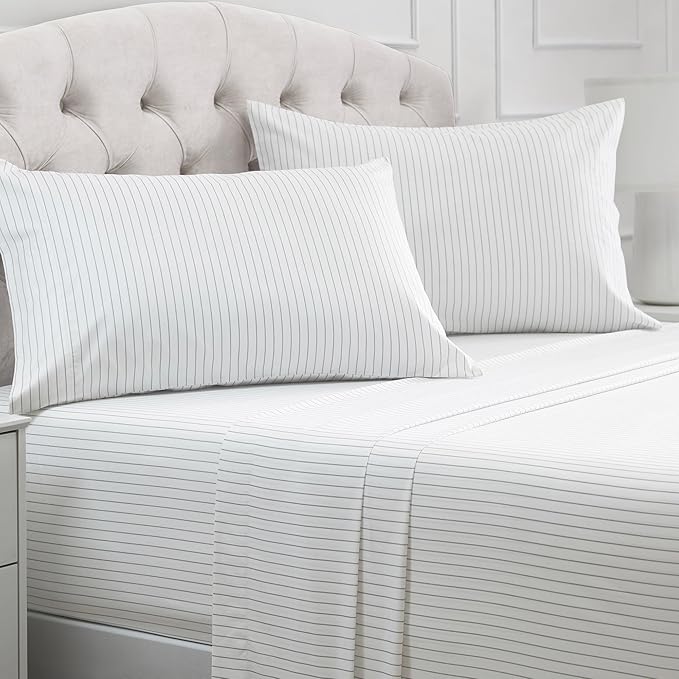 Mellanni California King Sheets Set - 4 PC Iconic Collection Bedding - Hotel Luxury, Extra Soft, Cooling Bed Sheets - Wrinkle, Fade, Stain Resistant (Cal King, Pin Stripe Gray)