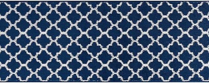 Custom Size Cut to Length Moroccan Trellis Design Runner Rug Mat For Wide Long Hallways with Non-Slip Rubber Backing, Better Traction for Pets, Prevent Slippage, Trellis Navy Blue, 31 inch X 13 feet