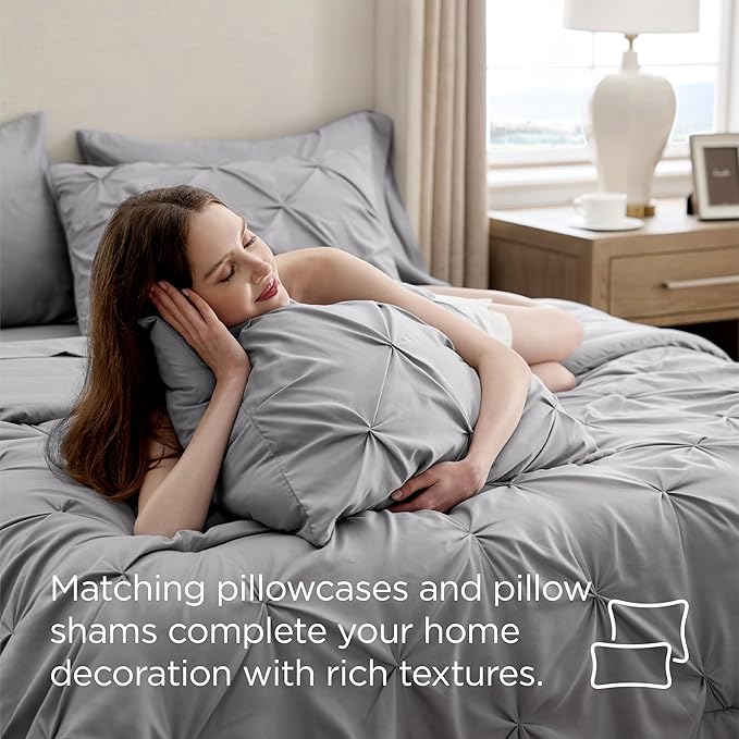 Bedsure California King Comforter Set Grey - Bed in a Bag Cal King Bedding Set 7 Pieces, GentleSoft™ Pintuck Bed Set Gift for Family, Pinch Pleat Grey Comforter with Sheets, Pillowcases & Shams