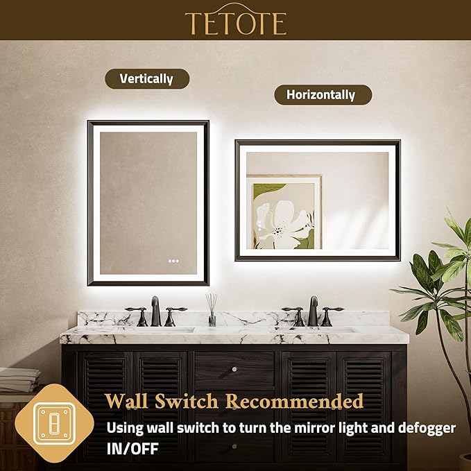 TETOTE Black LED Bathroom Mirror with Lights 48x30 Front & Back Light Vanity Framed Mirror Baroque Gothic Anti Fog Dimmable White/Warm/Natural,CRI90+,Waterproof,Wall Mounted(Horizontal/Vertical)