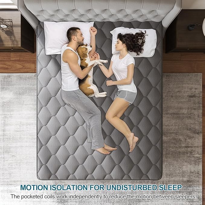 Twin Mattress, 12 Inch Hybrid Mattresses Grey, Euro Top Mattress Medium Firm for Back & Lumbar Support, Individual Pocket Spring Bed for Motion Isolation & Pressure Relief