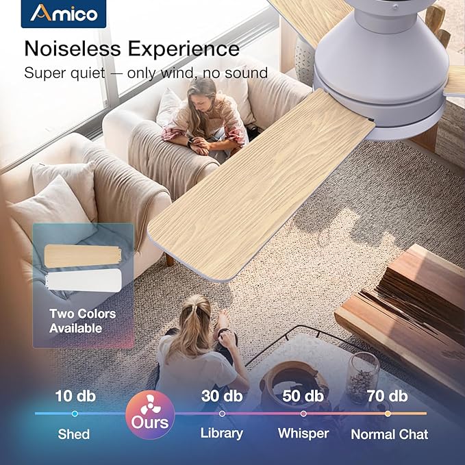 Amico Ceiling Fans with Lights, 42 inch Low Profile Ceiling Fan with Light and Remote Control, Flush Mount, Reversible, 3CCT, Dimmable, Noiseless, White Ceiling Fan for Bedroom, Indoor/Outdoor Use