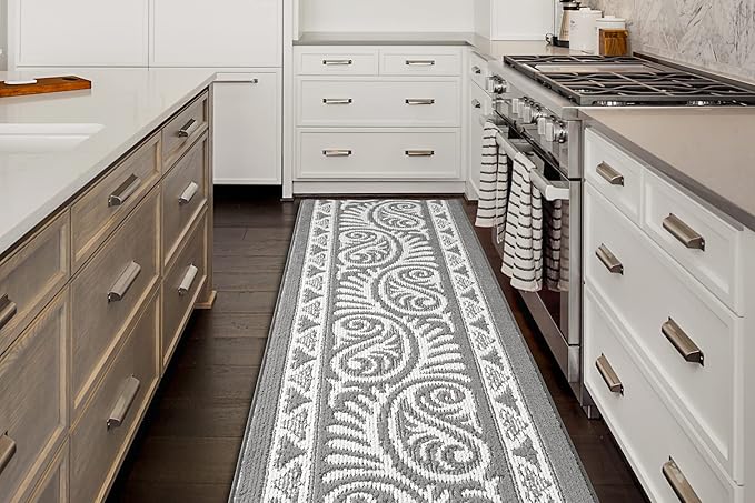 Custom Length Cut to Size Tribal Ethnic Southwestern Inspired Hallway Runner Rug, Non Slip Rubber Backed, 31 inch Wide X Customized Length, Mayan Grey, 31 inch X 22 feet