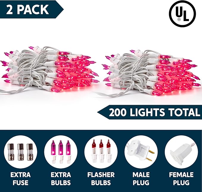 Joiedomi Christmas String Lights Indoor,200(2×100) Mini Pink Light,42.8 FT Lighting Decor for Dorm Classroom Bedroom Holiday Wedding Party Garland Birthday Festival,White Wire
