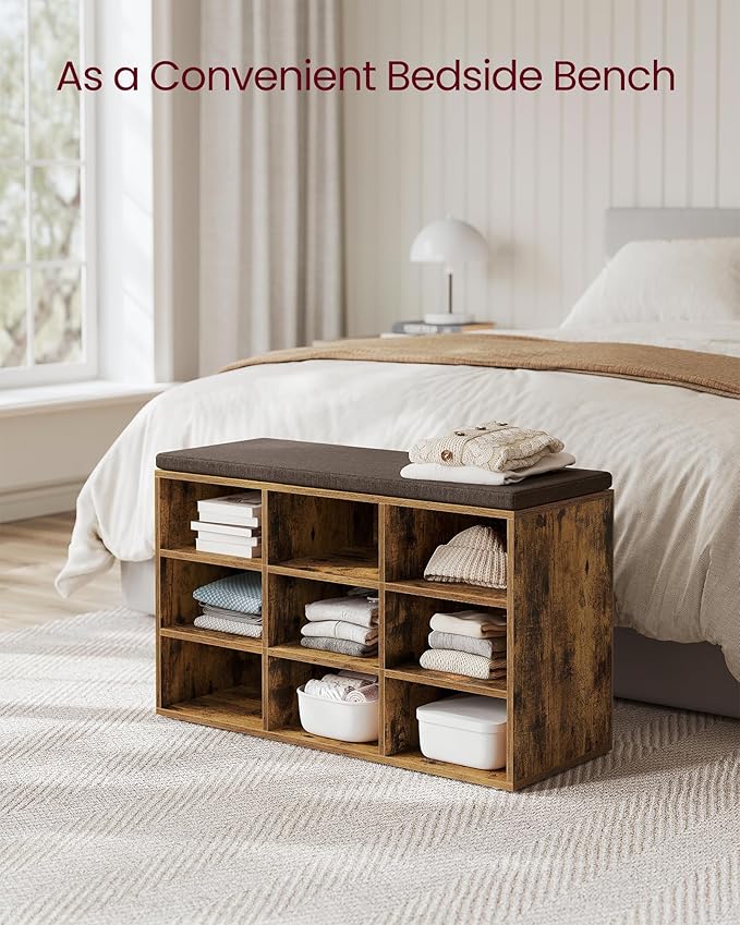 VASAGLE CUSTOS Collection - Shoe Bench, Storage Bench with Padded Seat, Entryway Bench with 9 Compartments, for Bedroom, 11.9 x 30.9 x 18.9 Inches, Rustic Brown and Chestnut Brown ULHS009B01