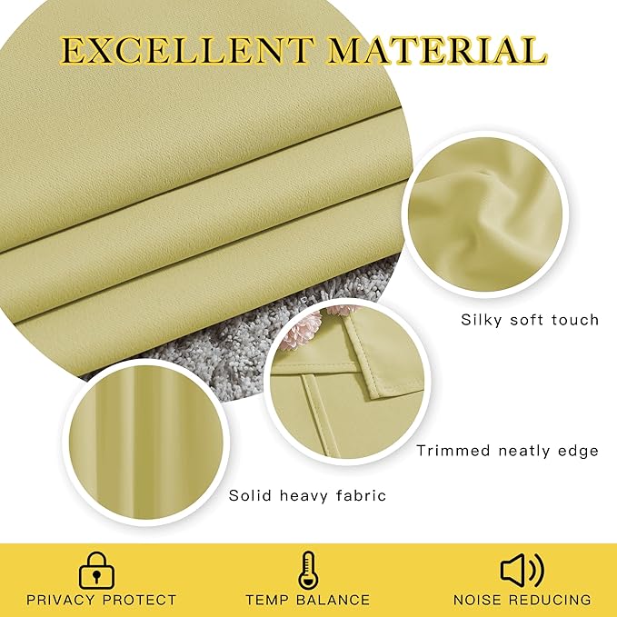 NICETOWN Bedroom Room Darkening Curtains and Drapes - Triple Weave Thermal Insulated Solid Grommet Room Darkening Panels for Basement(1 Pair, 52 inches by 45 Inch, Paler Yellow)