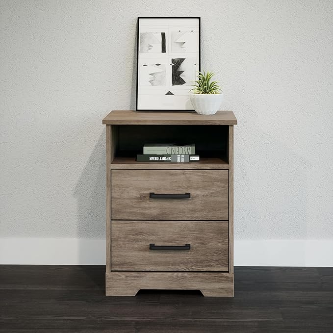 Prepac Rustic Ridge Farmhouse Nightstand Bedside Table, Brown Nightstand for Bedroom, End Table with 2 Drawers and Open Shelf 16.25"D x 18.75"W x 24.5"H