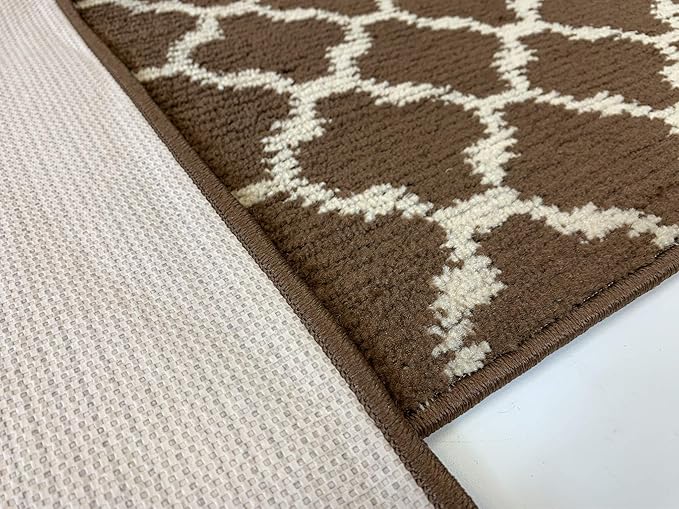 Custom Size Cut to Length Moroccan Trellis Design Runner Rug Mat For Wide Long Hallways with Non-Slip Rubber Backing, Better Traction for Pets, Prevent Slippage, Trellis Brown, 31 inch X 20 feet