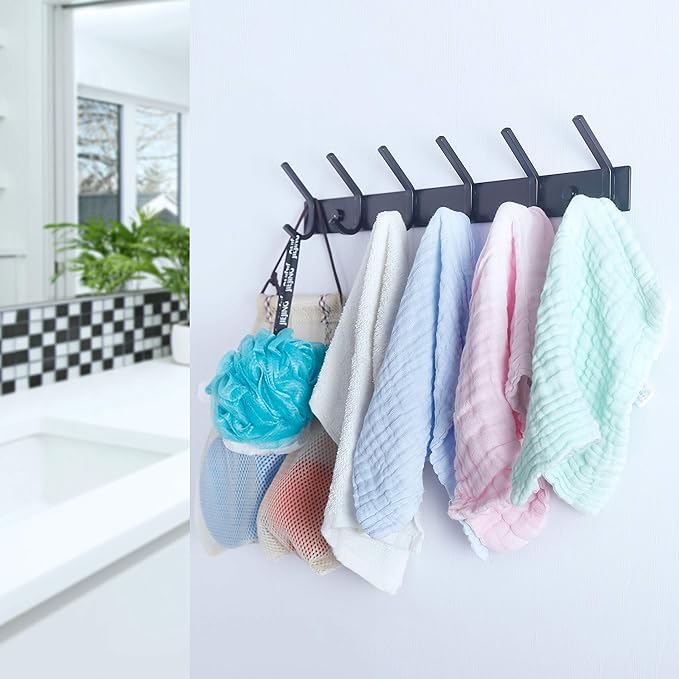 WEBI Coat Rack Wall Mounted,5 Coat Hooks for Hanging Coats,Heavy Duty Metal Double Hook Rack Hook Rail Coat Hanger Wall Mount for Clothes Entryway Jacket,Black,2 Packs