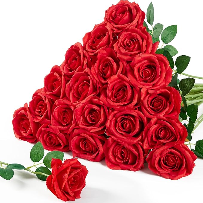 Serwalin 20Pcs Artificial Bright Red Roses, 4''Big Velvet Flower Head Fake Roses, Real Touch Silk Roses, Long Stems Realistic Roses Bouquet for Wedding Table Centerpiece and Home Decor