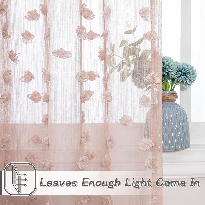 MYSKY HOME Pom Pom Pink Sheer Curtains for Bedroom Girls Room Dusty Rose Curtains 84 Inches Long for Nursery Kids Light Filtering Boho Window Drapes, Rod Pocket, 52" Wide, 2 Panels
