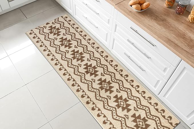 Custom Length Cut to Size Tribal Ethnic Southwestern Inspired Hallway Runner Rug, Non Slip Rubber Backed, 31 inch Wide X Customized Length, Aztec Beige, 31 inch X 27 feet