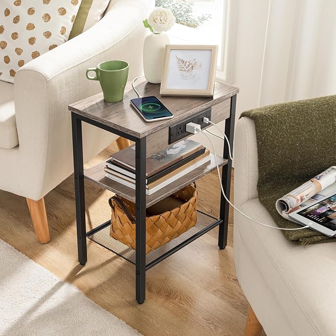 HOOBRO End Tables Set of 2 with Charging Station and USB Port, 3-Tier Nightstands with Adjustable Shelves, Small Side Tables for Small Space in Living Room, Bedroom and Balcony, Greige BG112BZP201