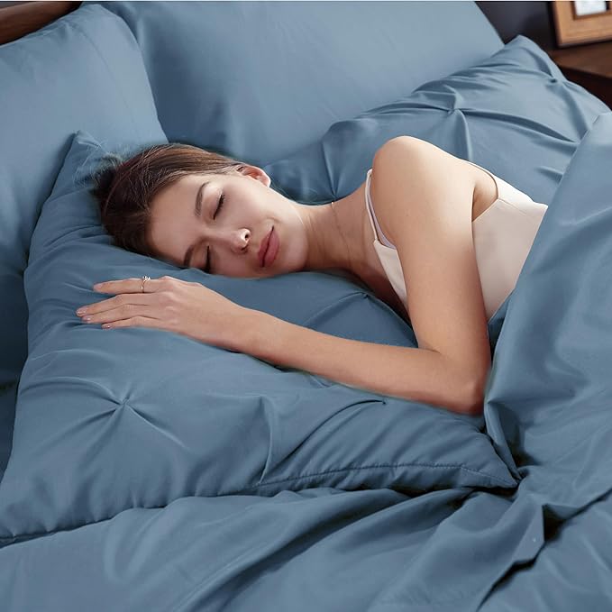 Bedsure Queen Comforter Set Mineral Blue - Bed in a Bag Queen 7 Pieces, Pintuck Bedding Sets Gift for Christmas, Pinch Pleat Bed Set with Queen Size Comforter, Sheets, Pillowcases & Shams