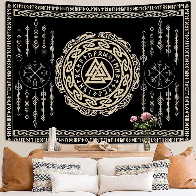 OSUNBD Nordic Viking Tapestry Wall Hanging - Large 84x90 inches Soft Flannel with Valknut, Celtic Runes & Norse Mythology Scandinavian for Bedroom, Living Room Decor