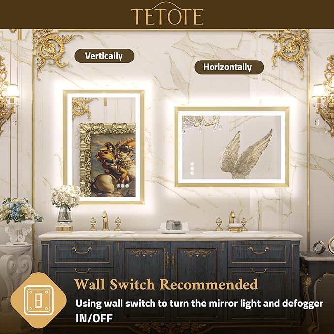 TETOTE 72x36 LED Bathroom Mirror with Lights Gold Metal Framed Front & Back Light Vanity Mirror Baroque Antifog Stepless Dimmable White/Warm/Natural,CRI90+,Waterproof,Wall Mounted(Horizontal/Vertical)