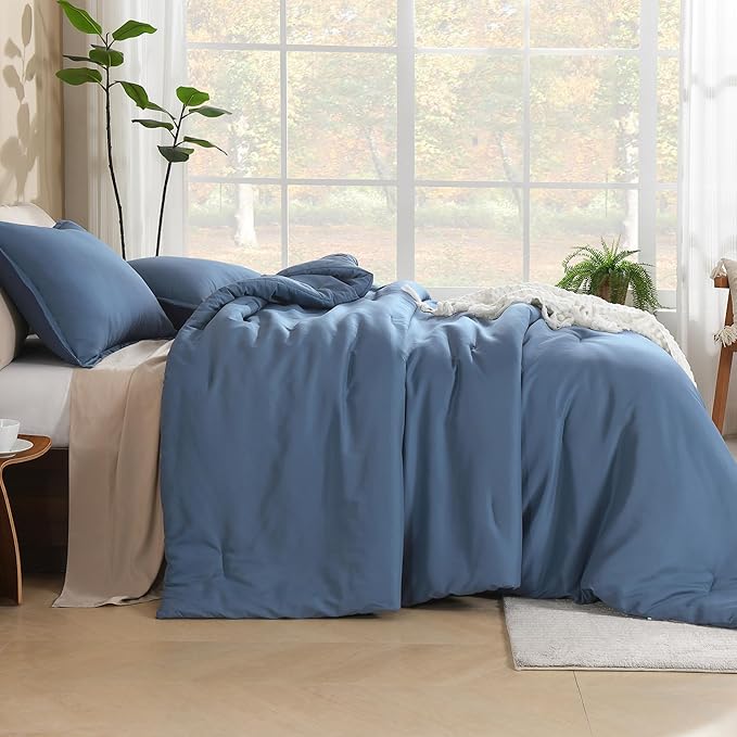 Litanika Haze Blue Comforters Oversized King Size, 3 Pieces Lightweight Solid Bedding Comforter Set, All Season Fluffy Bed Set (120x98In Comforter & 2 Pillowcases)