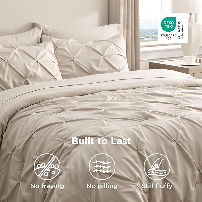 Bedsure California King Comforter Set Beige - Bed in a Bag Cal King Bedding Set 7 Pieces, GentleSoft™ Pintuck Bed Set Gift for Family, Pinch Pleat Beige Comforter with Sheets, Pillowcases & Shams