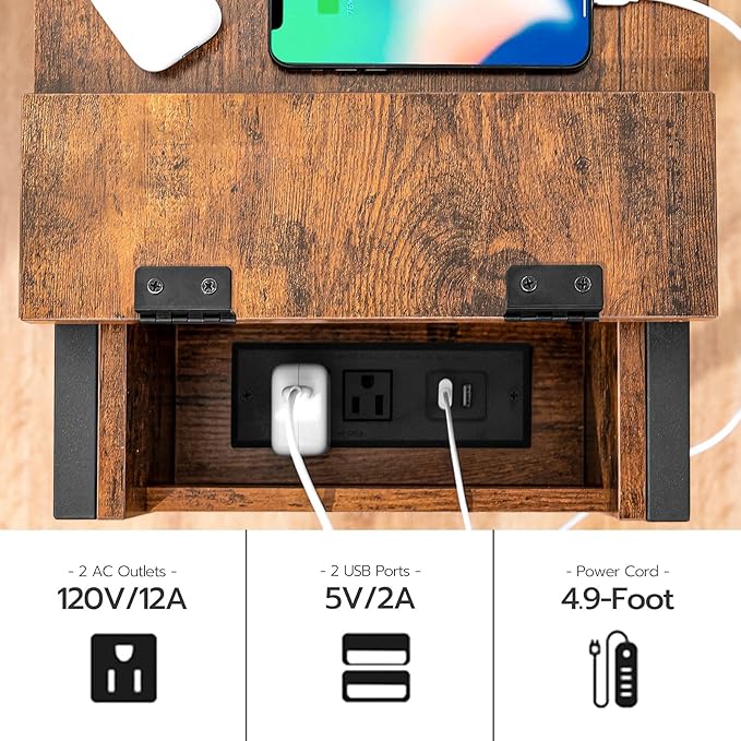 HOOBRO End Table with Charging Station, Narrow Side Table, Small Nightstand, Bedside Tables with Drawer and Storage Shelves, for Small Spaces, Living Room, Bedroom, Rustic Brown and Black BF041BZ01G1
