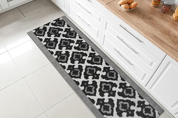 Custom Length Cut to Size Fleur de Lis Inspired Carpet Runner Rug for Hallways, Non Slip Rubber Backed, 31 inch Wide X Customized Length, Royal Grey, 31 inch X 10 feet