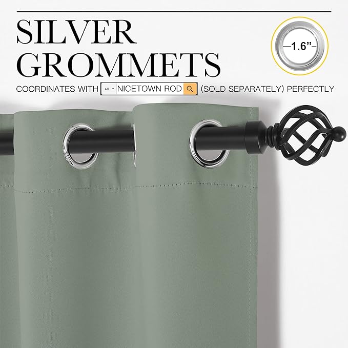 NICETOWN Greyish Green Room Darkening Curtains for Kitchen, Set of 2, 42 inches Wide by 78 inches Long, Window Treatment Thermal Insulated Solid Grommet Room Darkening Curtains/Drapes for Bedroom