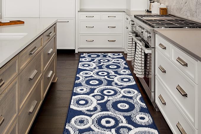 Custom Length Cut to Size Retro Modern Coastal Carpet Runner Rug for Hallways, Non Slip Rubber Backed, 31 inch Wide X Customized Length, Geo Blue, 31 inch X 5 feet