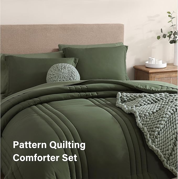 Monbix Full Comforter Set - 7 Pieces Olive Green Bed in a Bag Full Size Bedding Sets with Comforters, All Seasons Down Alternative Comforter with Sheets,Pillowcases & Shams