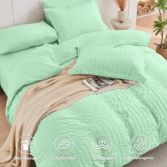 HYMOKEGE Mint Green California King Comforter Set Seersucker 7 Pieces, All Season Luxury Bed in a Bag for Bedroom, Bedding Set with Comforter, Sheets, Pillowcases & Shams