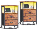 Furologee Nightstands Set of 2 Charging Station, End Tables with LED Lights, Nightstands with 2 Fabric Drawers and Shelves, Bedside Tables for Living Room/Bedroom,Rustic Brown