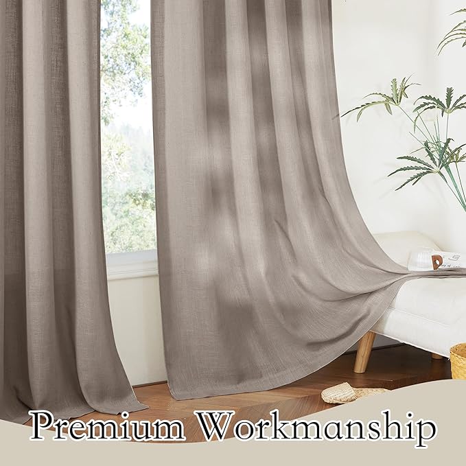 RYB HOME Linen Texture Sheer Curtains 90 inches, Rustic Style Solid Semi Sheer Half Privacy Drapes for Farmhouse Dorm Office Dining, Birch Brown, W 52 x L 90 inches, Set of 2