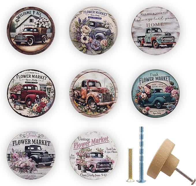 JamJam 8 Pack 1.8" Wooden Rustic Farmhouse Cabinet Knobs Vintage Car Wih Flower Heme Nursery Kids Room Dresser Drawer Knobs and Pulls