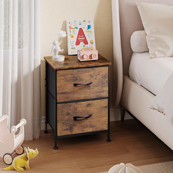 WLIVE Night Stand, Small 2 Drawer Dresser, Nightstand with Fabric Bins for Bedroom, Closet, Dorm, Rustic Brown Wood Grain Print, 11.8" D x 15.7" W x 20.9" H