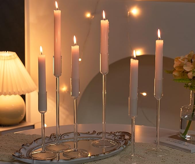 Candle Holder, Glass Taper Candle Tall Candlestick Holder, 3 Different Heights, for Table Centerpiece, Wedding, Party, Clear, 12pcs