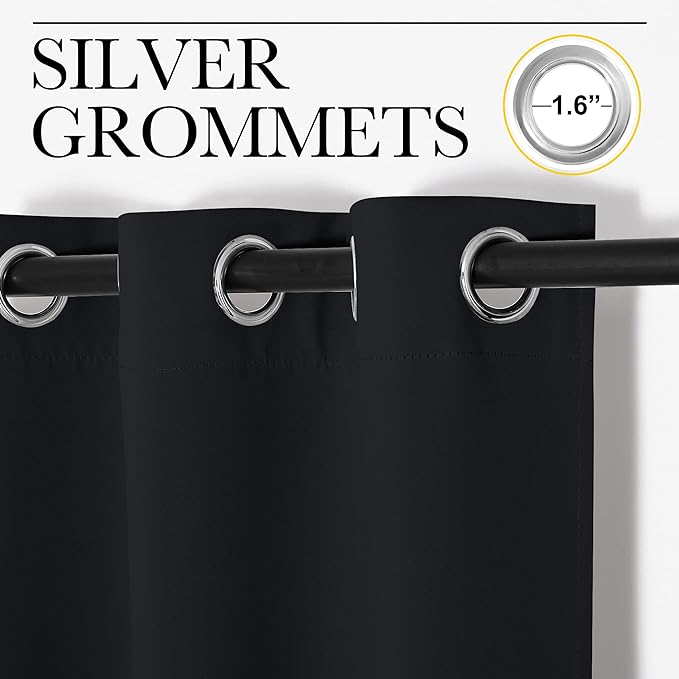 NICETOWN Bathroom Blackout Curtains and Drapes, 2 Panels, 55 inches Wide by 57 inches Long, Black Solid Thermal Insulated Grommet Blackout Drapery Panels for Window
